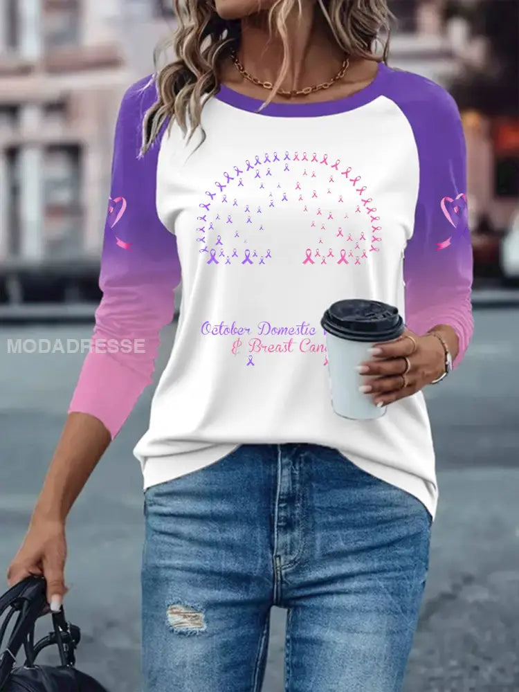 Kvinnors bröstcancer långärmad T shirt med tappade axlarna vitt / S