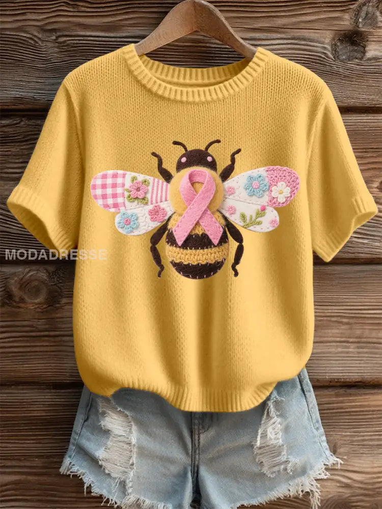 Kvinnors bröstcancer medvetenhet Bee Print Casual T shirt gul / S