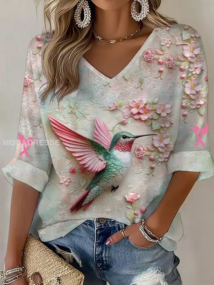 Kvinnors bröstcancer medvetenhet Hummingbird Blommis lång ärm topp som bild / S
