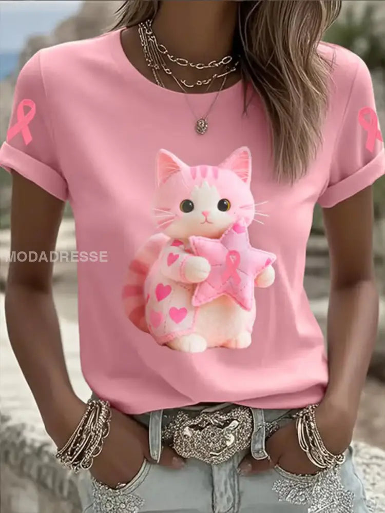 Kvinnors bröstcancer medvetenhet Katt med kortärmad T shirt runk / S