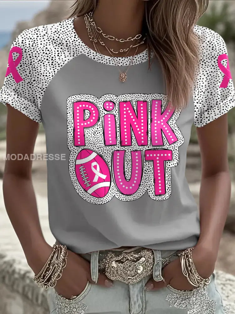 Kvinnors bröstcancer medvetenhet Pink Out Fotboll Tryckt T shirt ljusgrå. / S