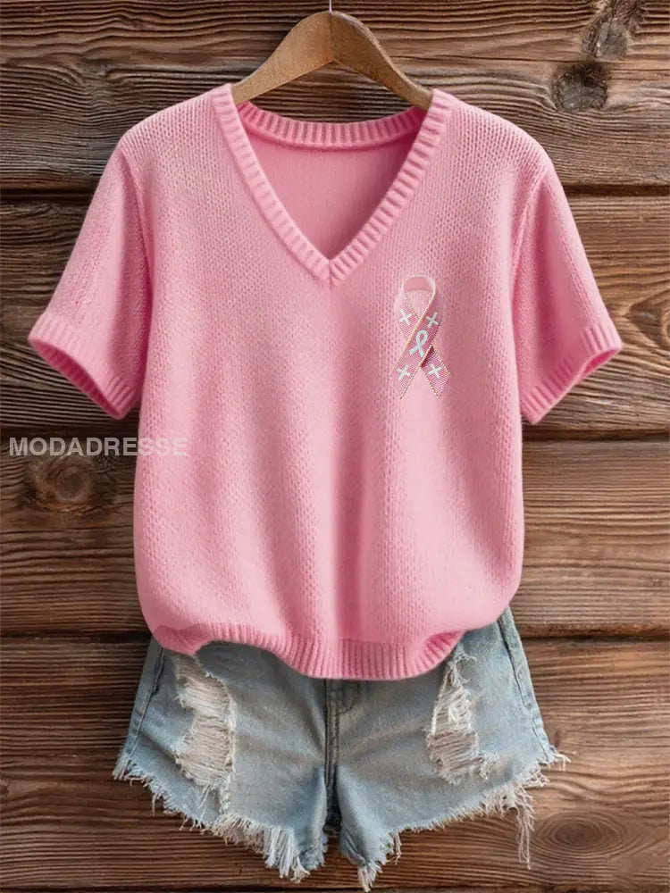 Kvinnors bröstcancer medvetenhet Pink Ribbon Kort ärm T shirt runk / S