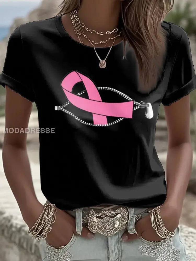 Kvinnors bröstcancer medvetenhet Pink Ribbon kortärmad T shirt svart / S