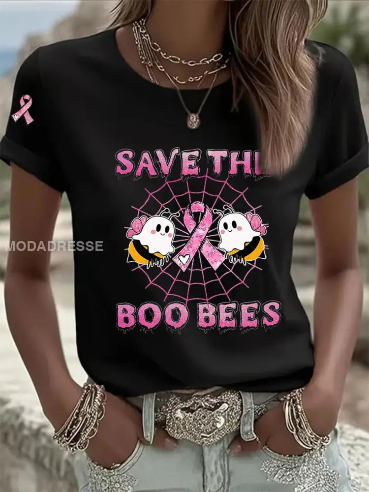 Kvinnors bröstcancer medvetenhet Spara Boo Bees Skriv ut Casual T shirt svart / S