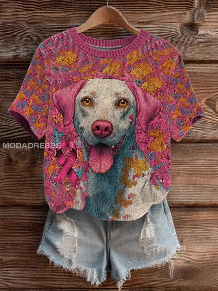 Kvinnors bröstcancer Patchwork Hund konst Mysigt knit topp som bild / S