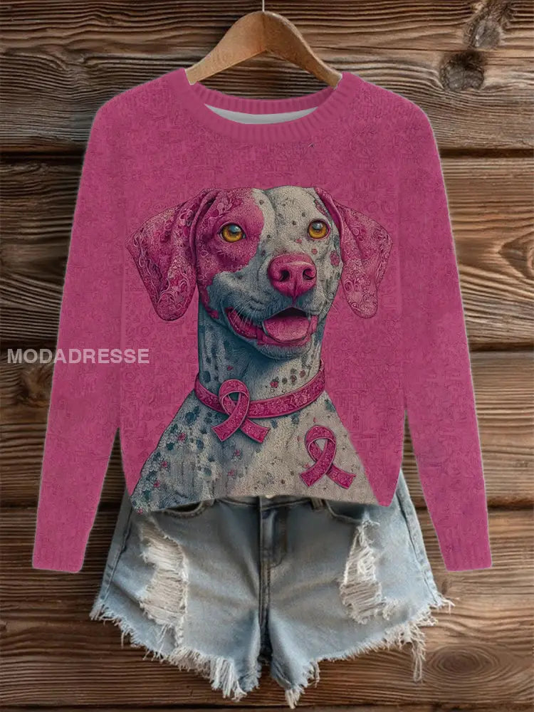 Kvinnors bröstcancer Patchwork hund konst stickad tröjar som bild / S