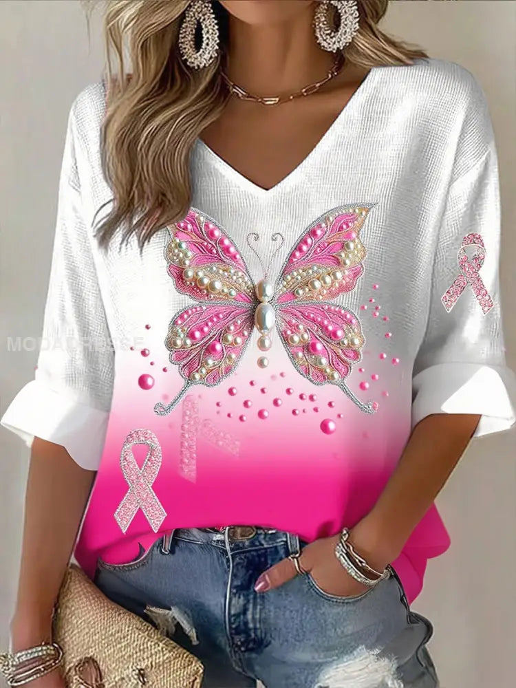 Kvinnors bröstcancer Ribbon Print bomull Topp A / S