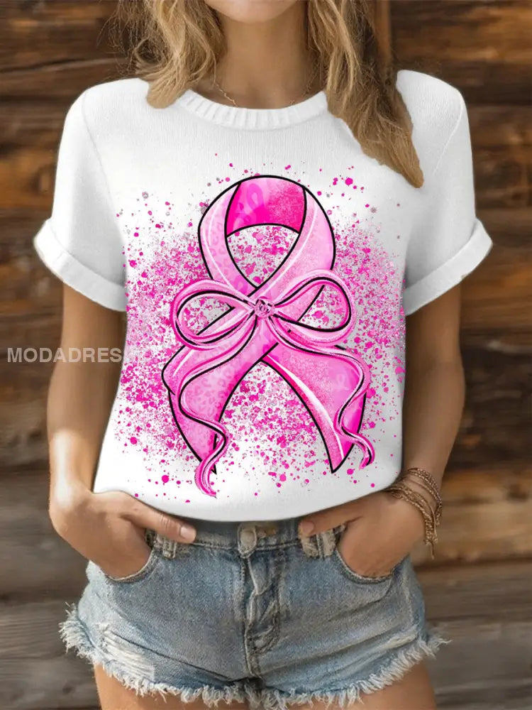 Kvinnors bröstcancer rosa band topp vitt / S