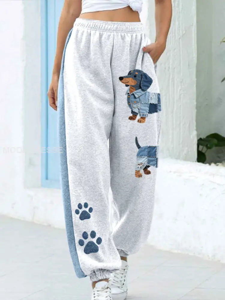 Kvinnors Denim Patchwork konst Dachhund mönster byxor som bild / S
