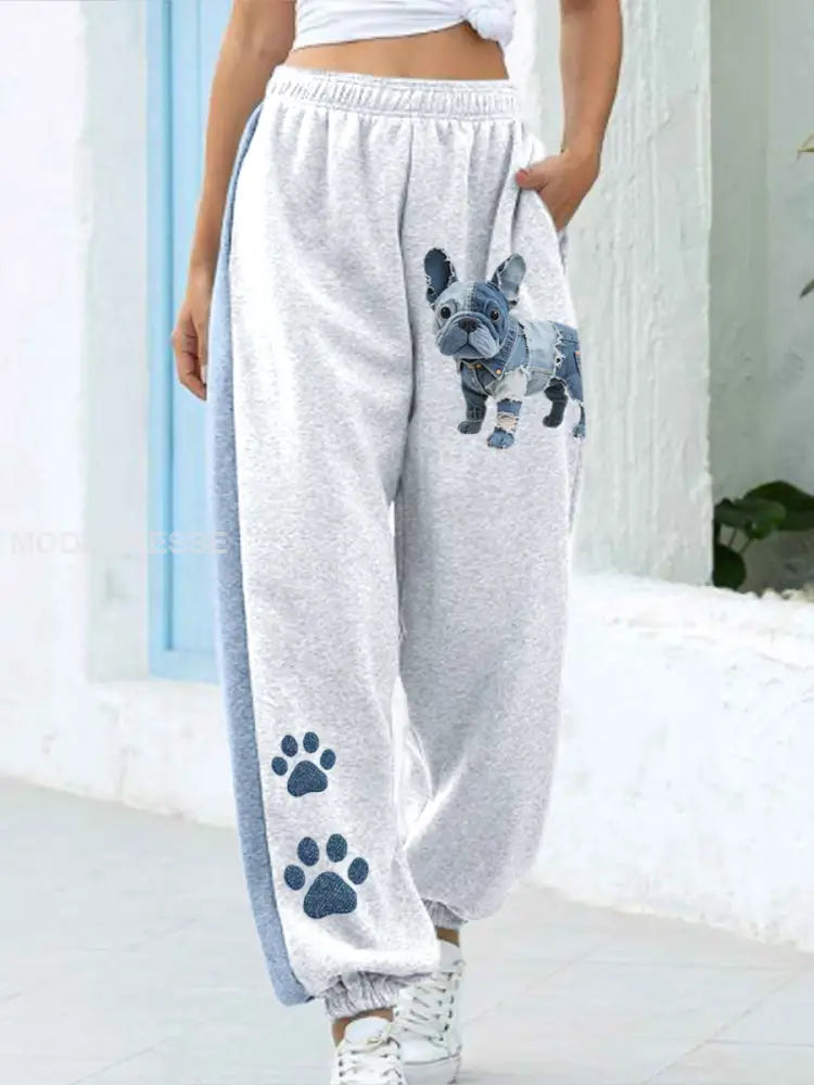 Kvinnors Denim Patchwork konst Franska Bulldog mönster byxor som bild / S