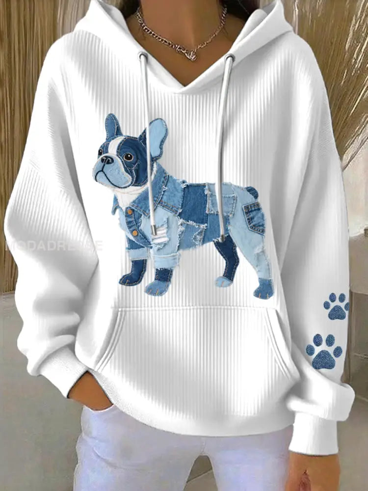 Kvinnors Denim Patchwork Konst franska Bulldog mönster Hoodig vitt / S