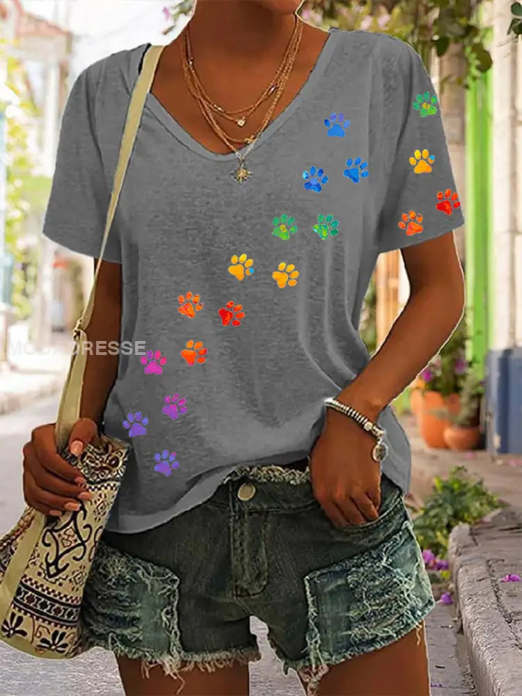 Kvinnors färgglada tass T-shirt grå / S