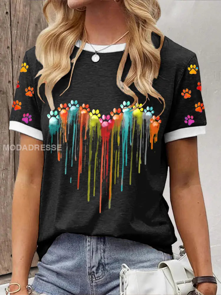 Kvinnors färgglada tass T-shirt svart / S