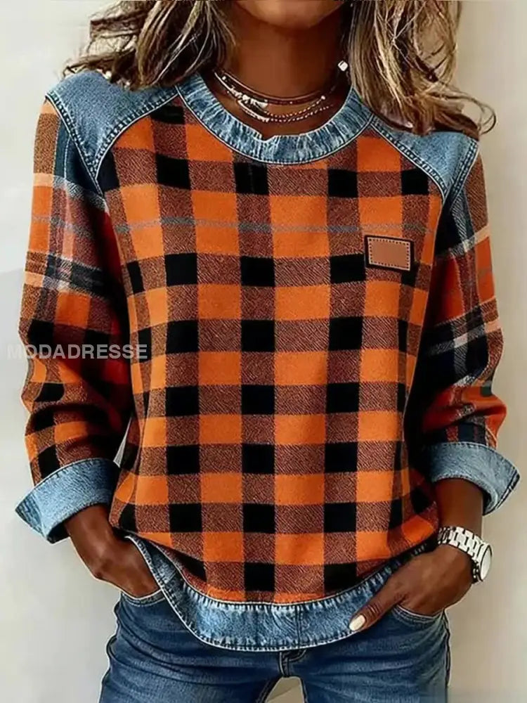 Kvinnors fall Plaid Mönster Mönster Konst sweathirt som bild / S