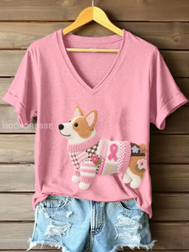Kvinnors filt konst Corgi mönster V hals T shirt runk / S