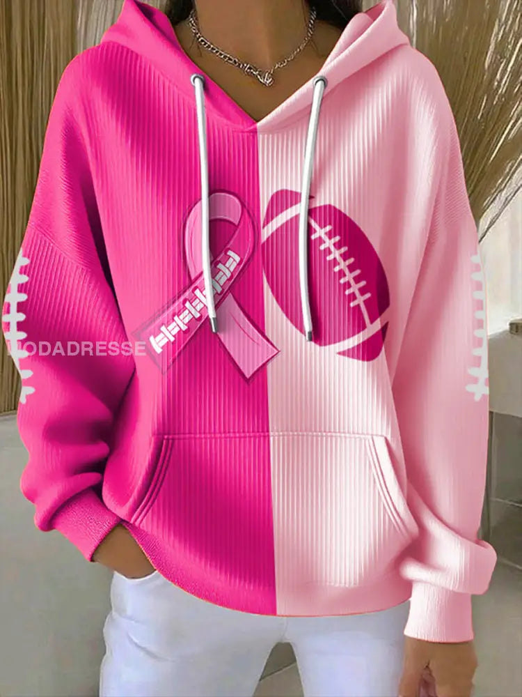 Kvinnors fotboll kombinerar med bröstcancer Hooded Sweatshirt med fickar som bild / S