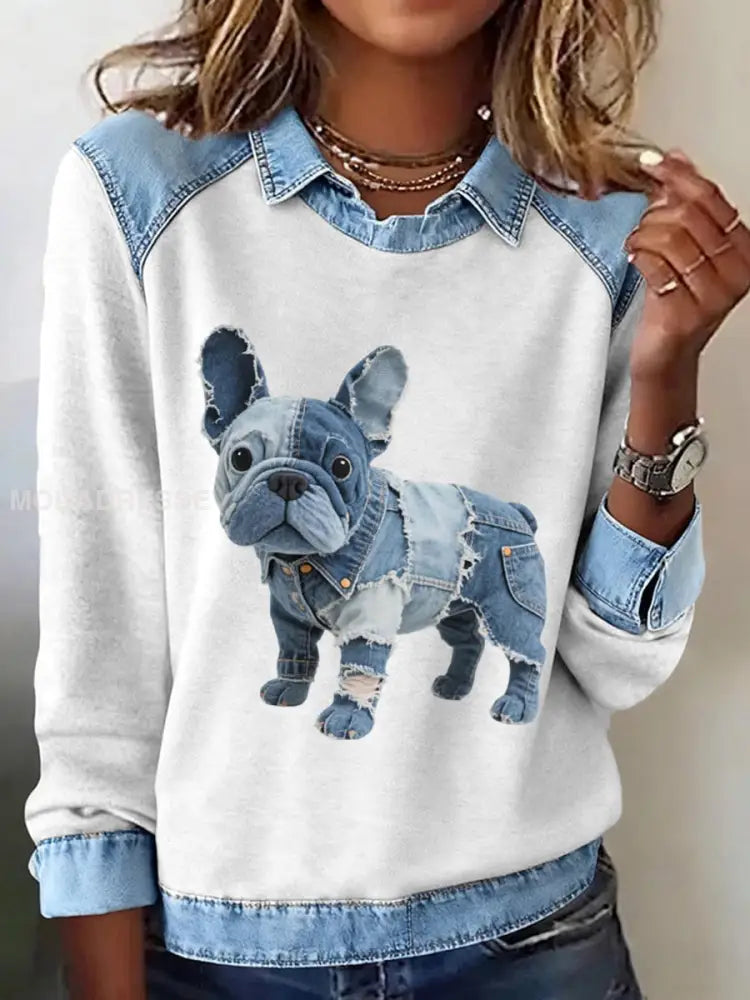 Kvinnors franska Bulldog mönster mönster Konst Sweatshirt vitt / S