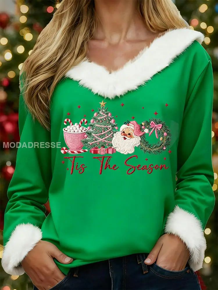Kvinnors God jul jul Jultomten Skriv ut Casual Fur-Collar Topp grönt / S