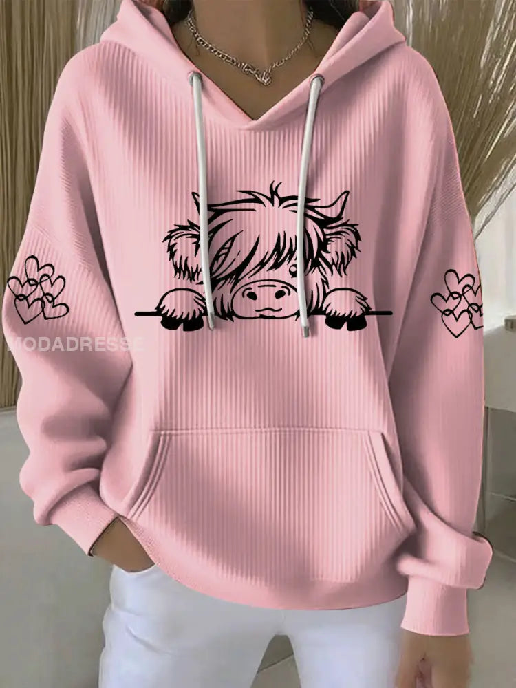 Kvinnors högland ko Print Casual Hoodie Print rosa / S