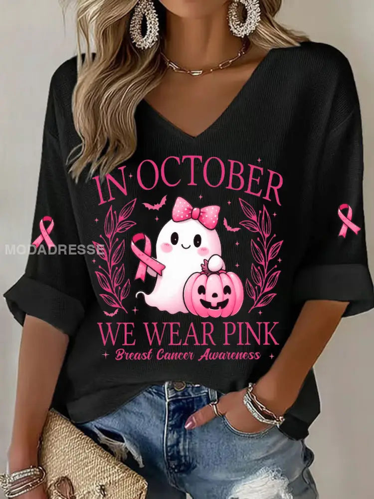 Kvinnors I oktober bär vi rosa tryckt Casual T shirt svart / S