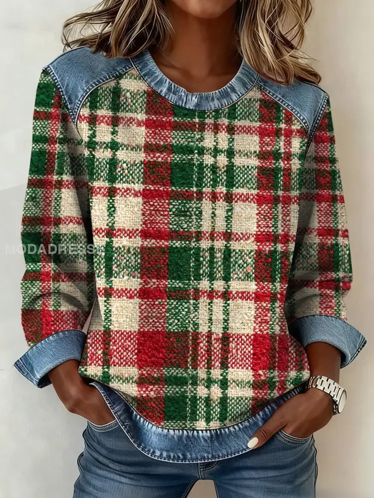 Kvinnors jul fläck Denim krage Sweatshirt som bild / S