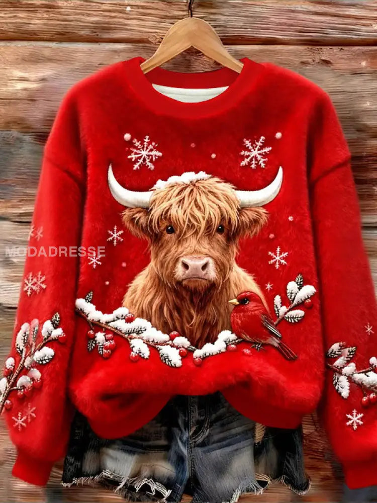 Kvinnors jul Highland Cow Flannel Hoodie Flannel röd / S