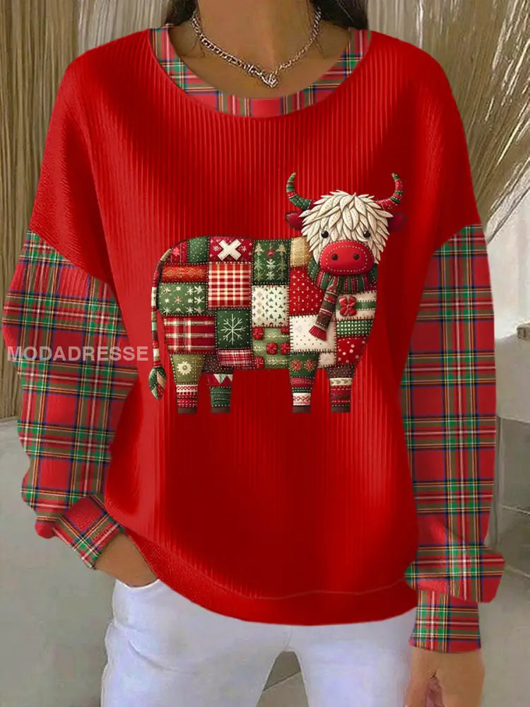 Kvinnors jul Highland Cow Patchwork Print Ribbed runda hals Sweatshirt röd / S