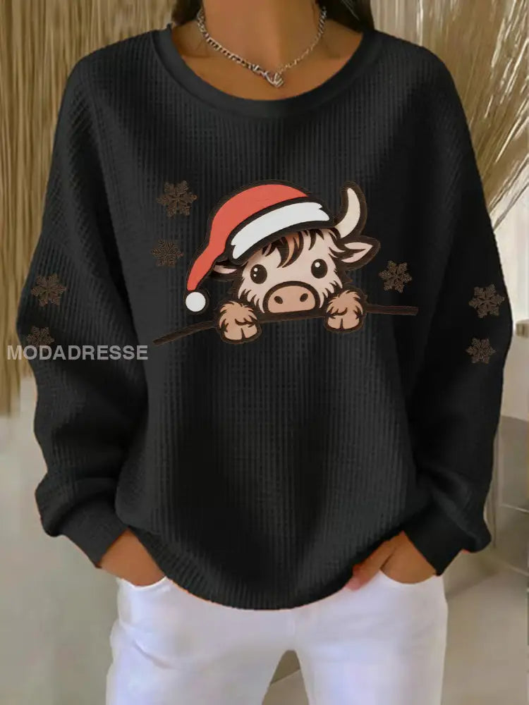 Kvinnors jul Highland Cow Print Topp svart / S