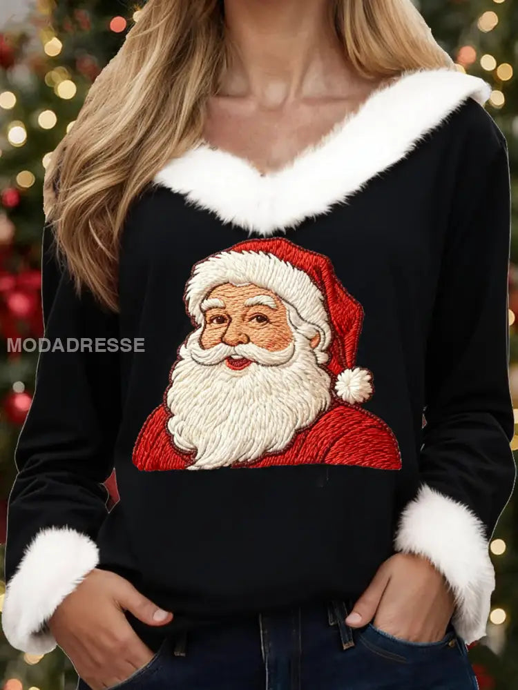 Kvinnors jul jul jultomten Skriv ut Casual Fur-Collar topp svart / S