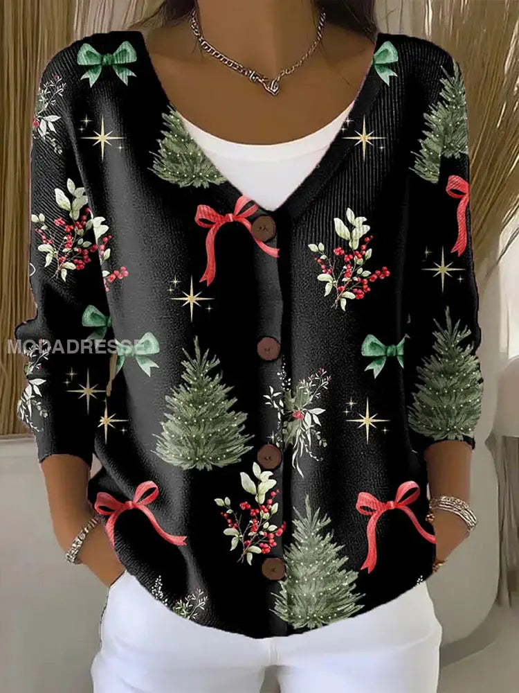 Kvinnors jul Print Cardigan svart / S
