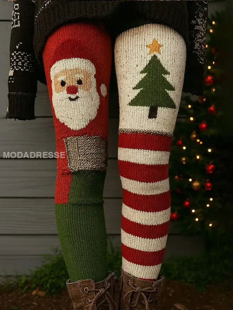 Kvinnors julgran och jultomten konst mysiga Leggings som bild / S