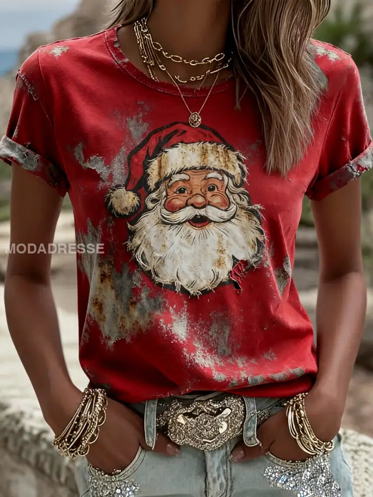 Kvinnors jultomten Printed Casual T-shirt röd / S