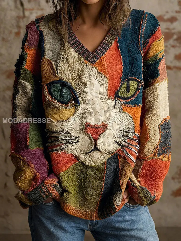 Kvinnors katt Geometrisk konst Print V-hals topp som bild / S