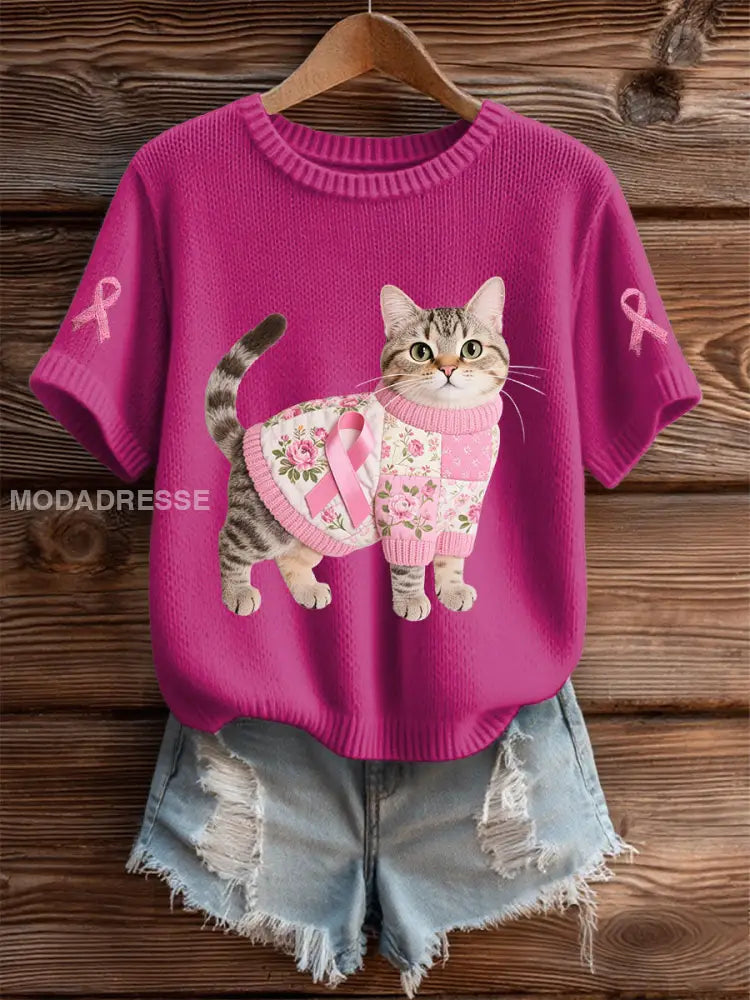 Kvinnors katt Pink Ribbon Print Casual T shirt rosa röd / S
