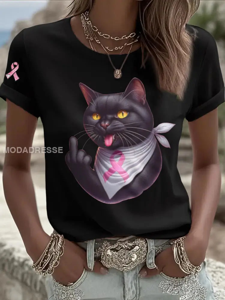 Kvinnors katt Pink Ribbon Print Casual T shirt svart / S