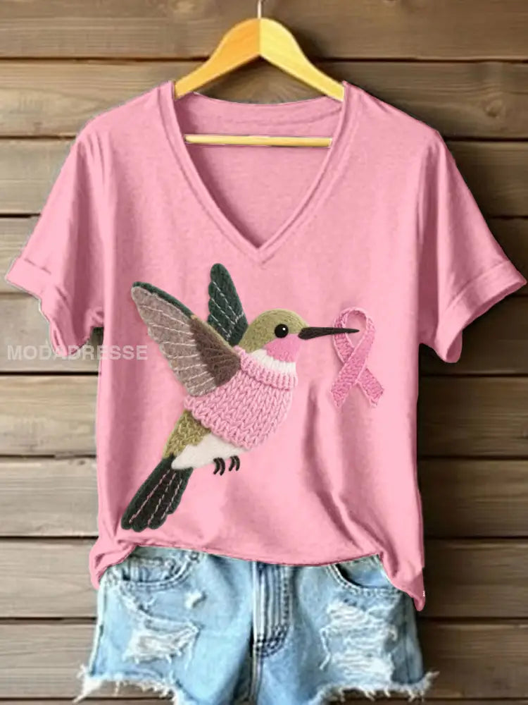 Kvinnors kolibri mönster filt konst V hals T shirt runk / S