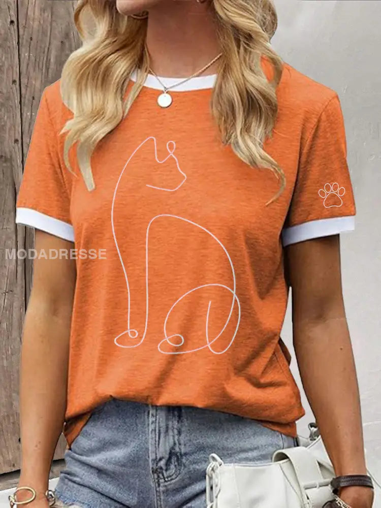 Kvinnors linje konst katt Skriv ut T-shirt oräng / S