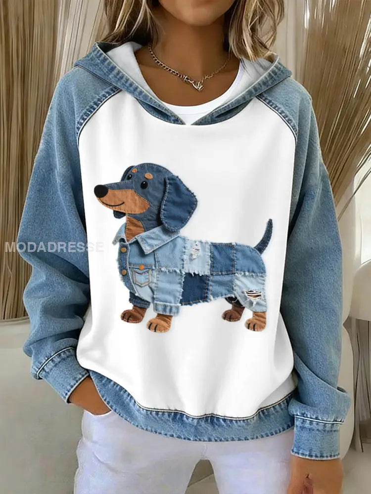 Kvinnors ljuvliga dachhund hund mönster Denim Patchwork Hoodie. som bild / S