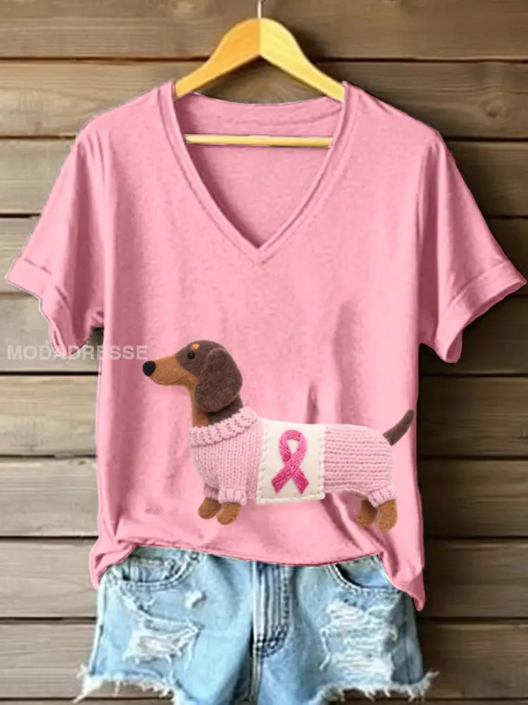 Kvinnors ljuvliga dachhund mönster V hals T shirt runk / S