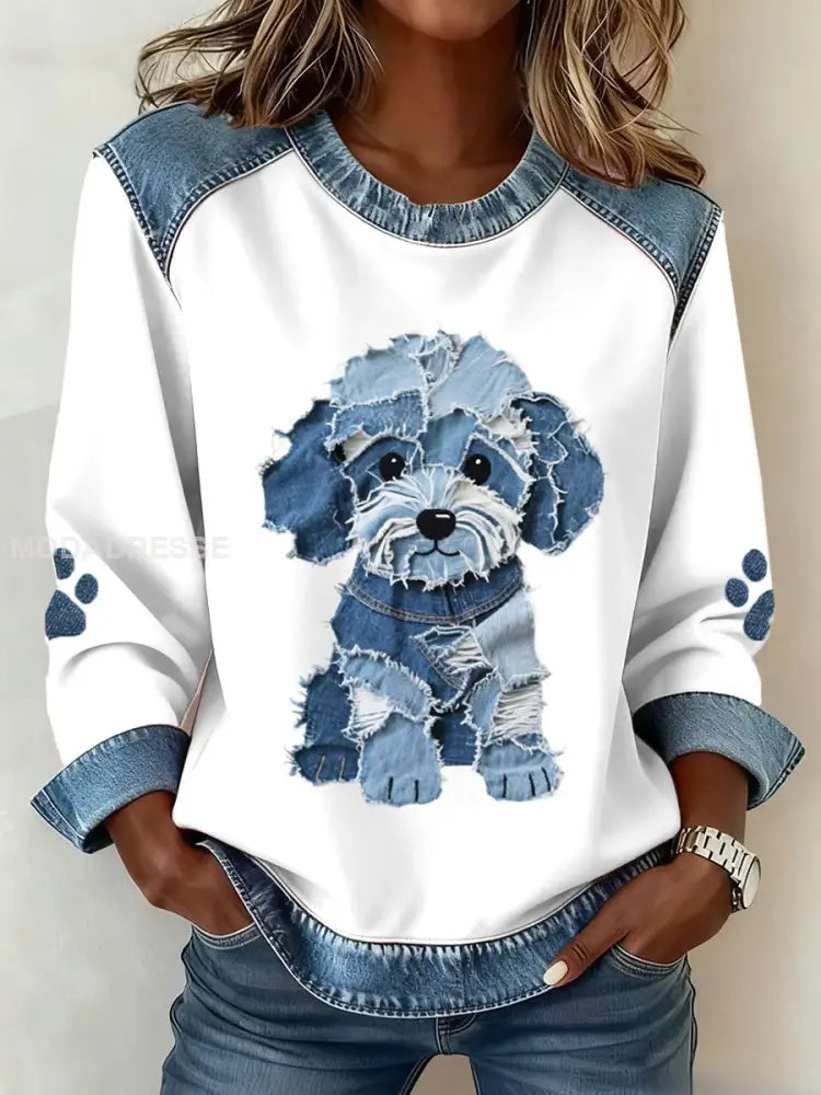 Kvinnors ljuvliga furry hund mönster Denim Patchwork konst sweathirt vitt / S