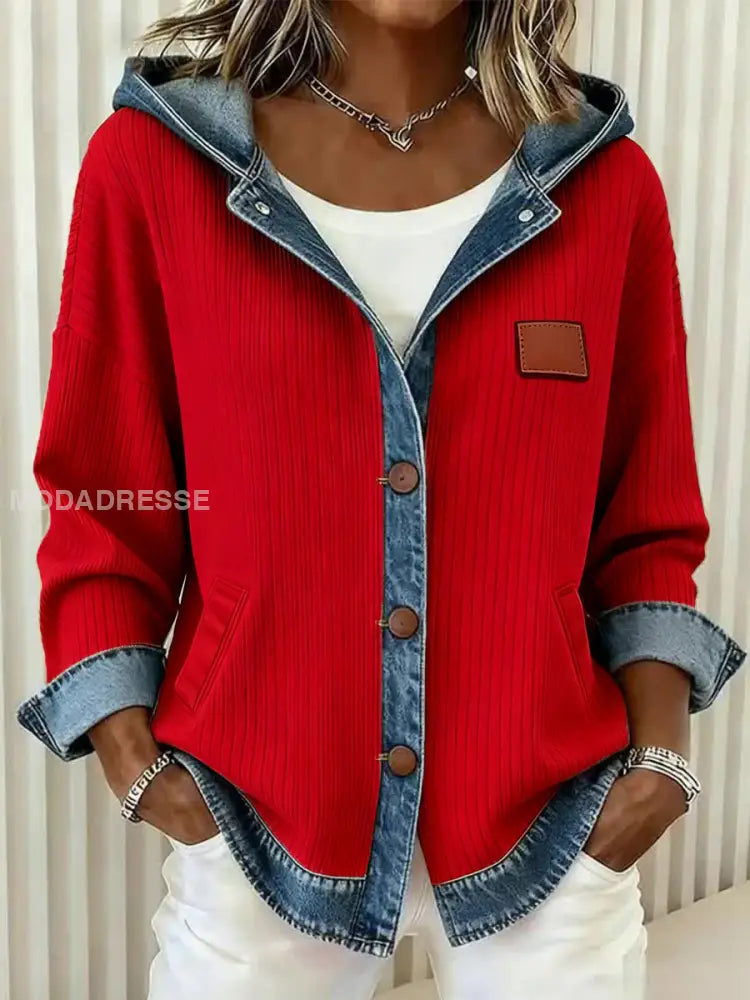 Kvinnors mode Patchwork Design Hooded Cardigan röd / S