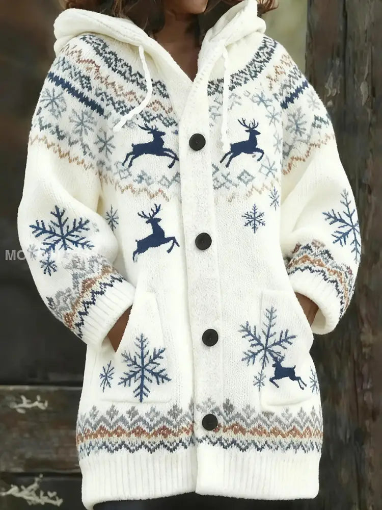 Kvinnors Retro Julkonst Skriv ut Casual Midi Hooded Cardigan A / S