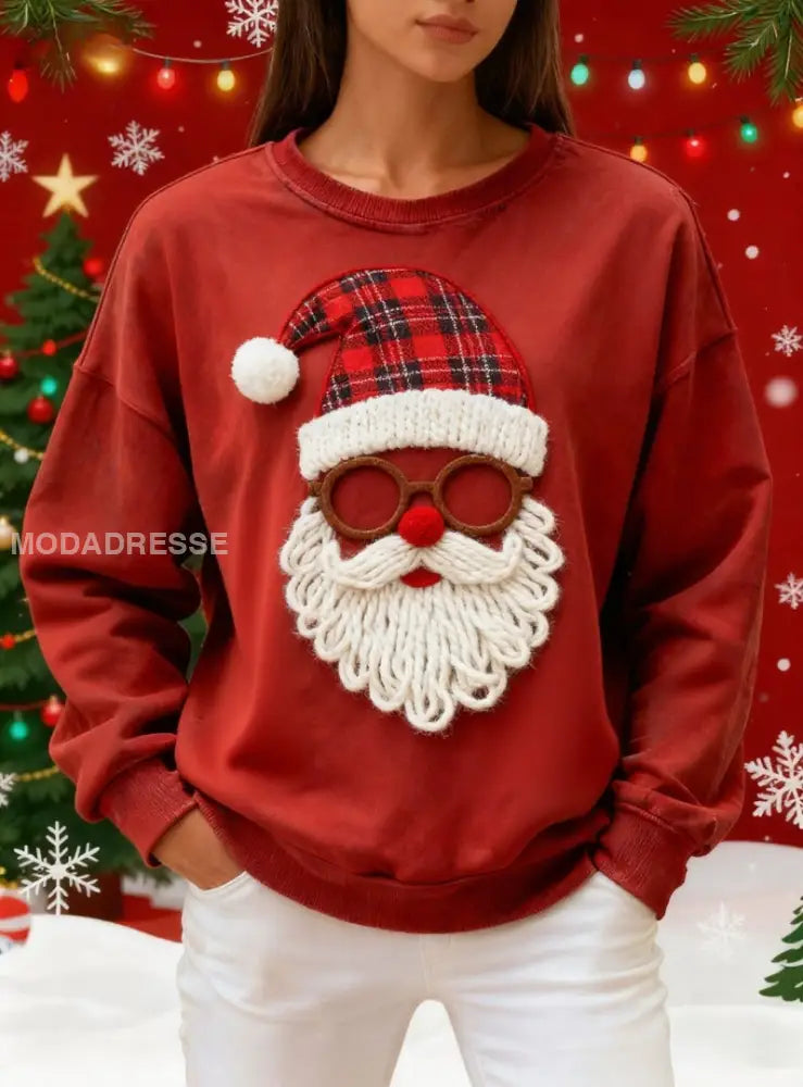 Kvinnors Retro Santa Claus Print Sweatshirt röd / S