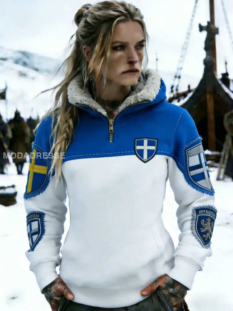 Kvinnors Retro Svenska Flag Patchwork Konst Casual Half-Zip Sweatshirt blå / S