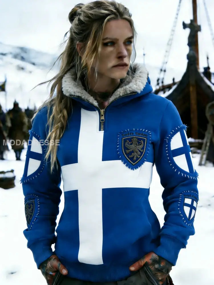 Kvinnors Retro Svenska Flag Patchwork Konst Casual Half-Zip Sweatshirt blå / S