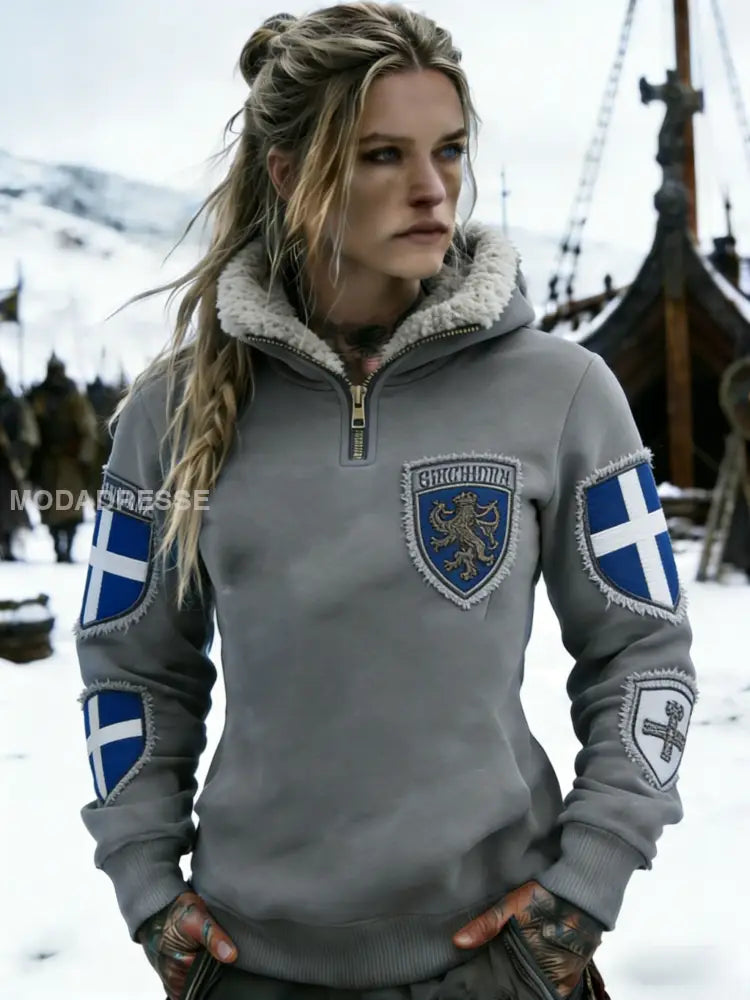 Kvinnors Retro Svenska Flag Patchwork Konst Casual Half-Zip Sweatshirt grå / S