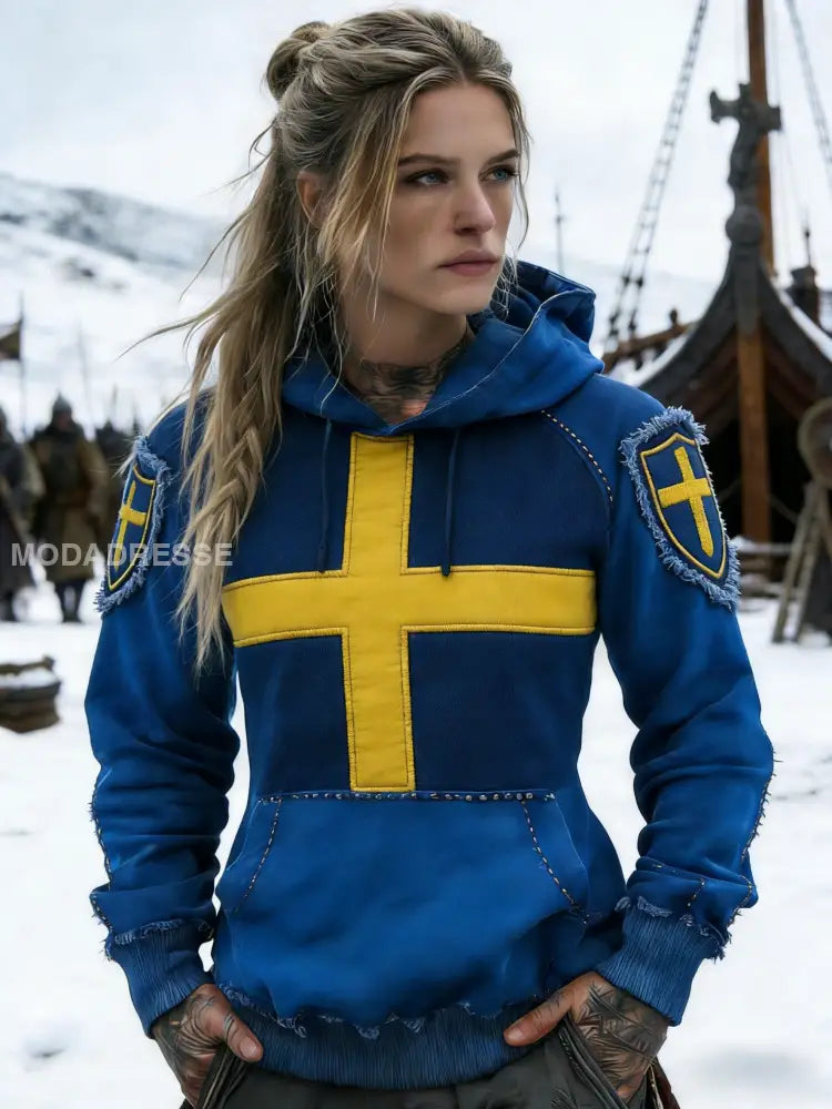 Kvinnors Retro Svenska flaggbricka Konsttryckt Casual Comfort Sweatshirt blå / S