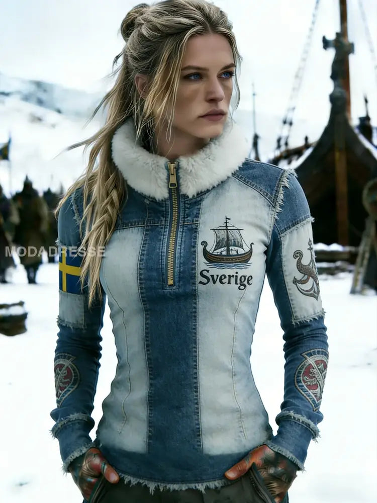 Kvinnors Retro Svenska flaggmärke Fleece-fodrad blixtlås sweathirt blå / S