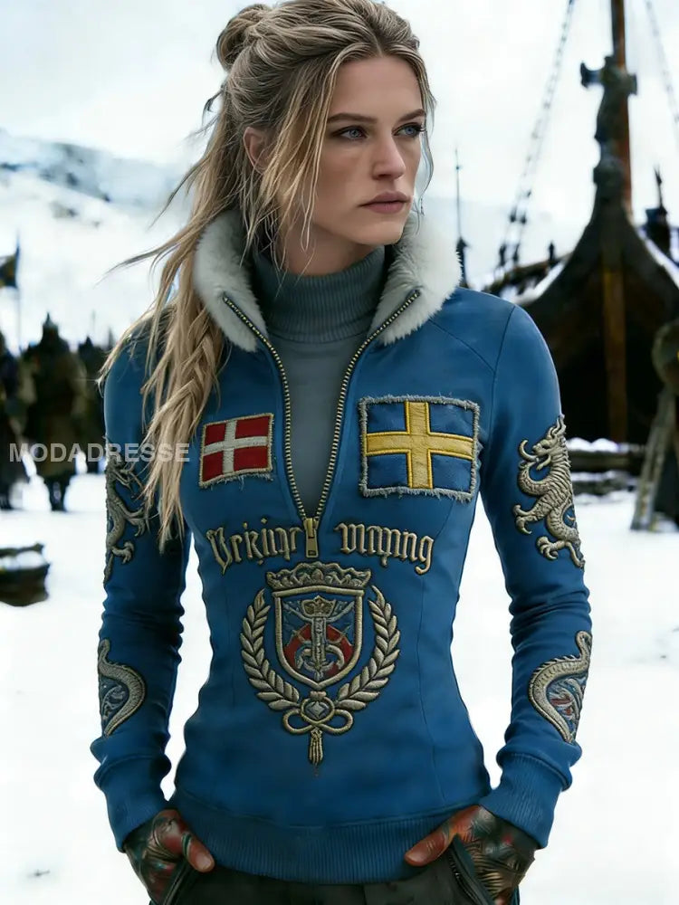Kvinnors Retro Svenska flaggmärke Fleece-fodrad blixtlås sweathirt blå / S