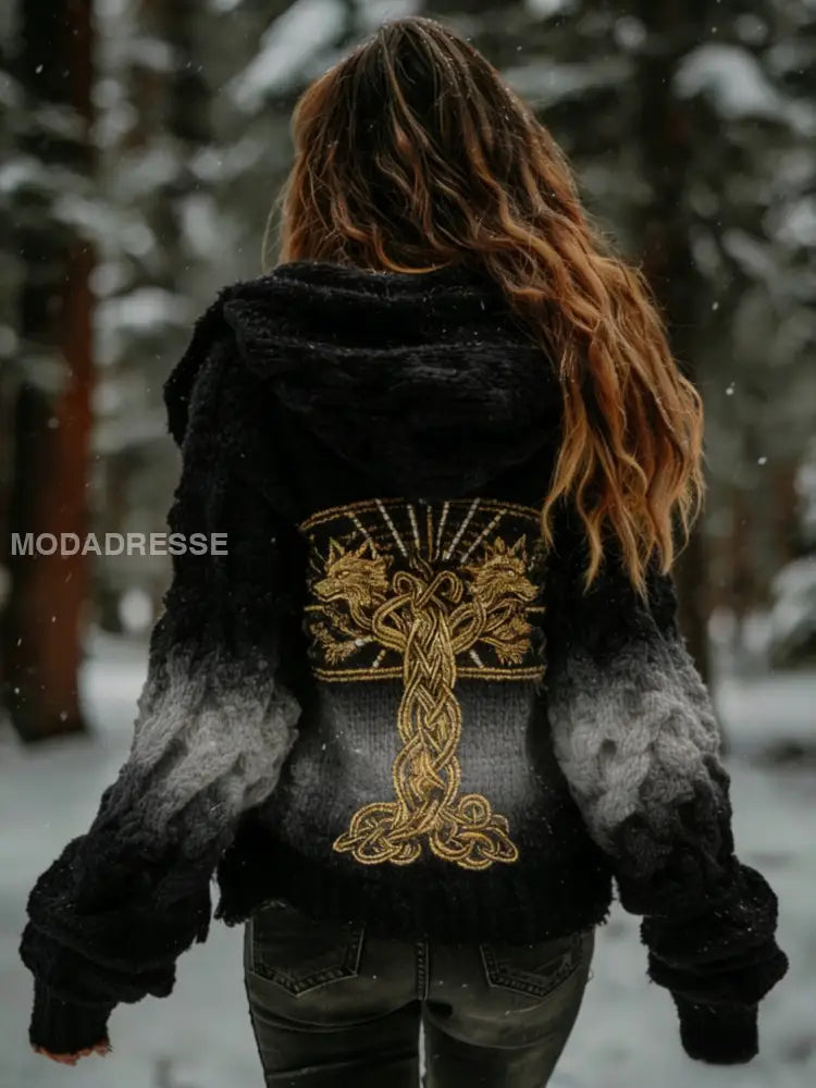 Kvinnors Retro Viking Celtic Knut träd liv Wolf Gradient Bekväm Stickad Husmatta cardigan svart / S